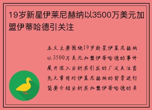 19岁新星伊莱尼赫纳以3500万美元加盟伊蒂哈德引关注