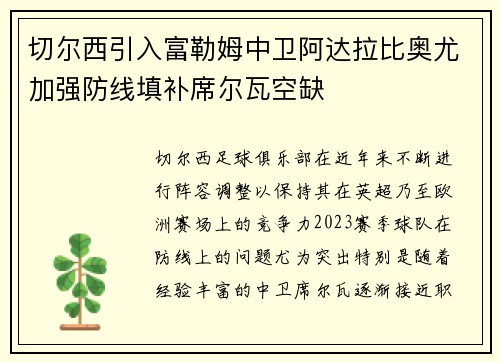 切尔西引入富勒姆中卫阿达拉比奥尤加强防线填补席尔瓦空缺 切尔西引入富勒姆中卫阿达拉比奥尤加强防线填补席尔瓦空缺