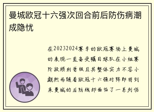 曼城欧冠十六强次回合前后防伤病潮成隐忧
